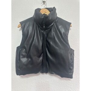 Zara Womens Black Faux Leather Puffer Vest Cropped Stand Collar Zip Gilet S